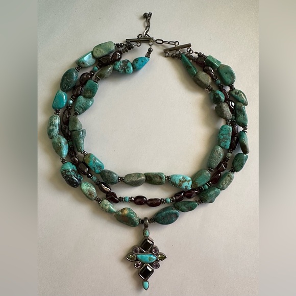 Native American Sterling Silver Turquoise Garnet Amethyst & Peridot Necklace